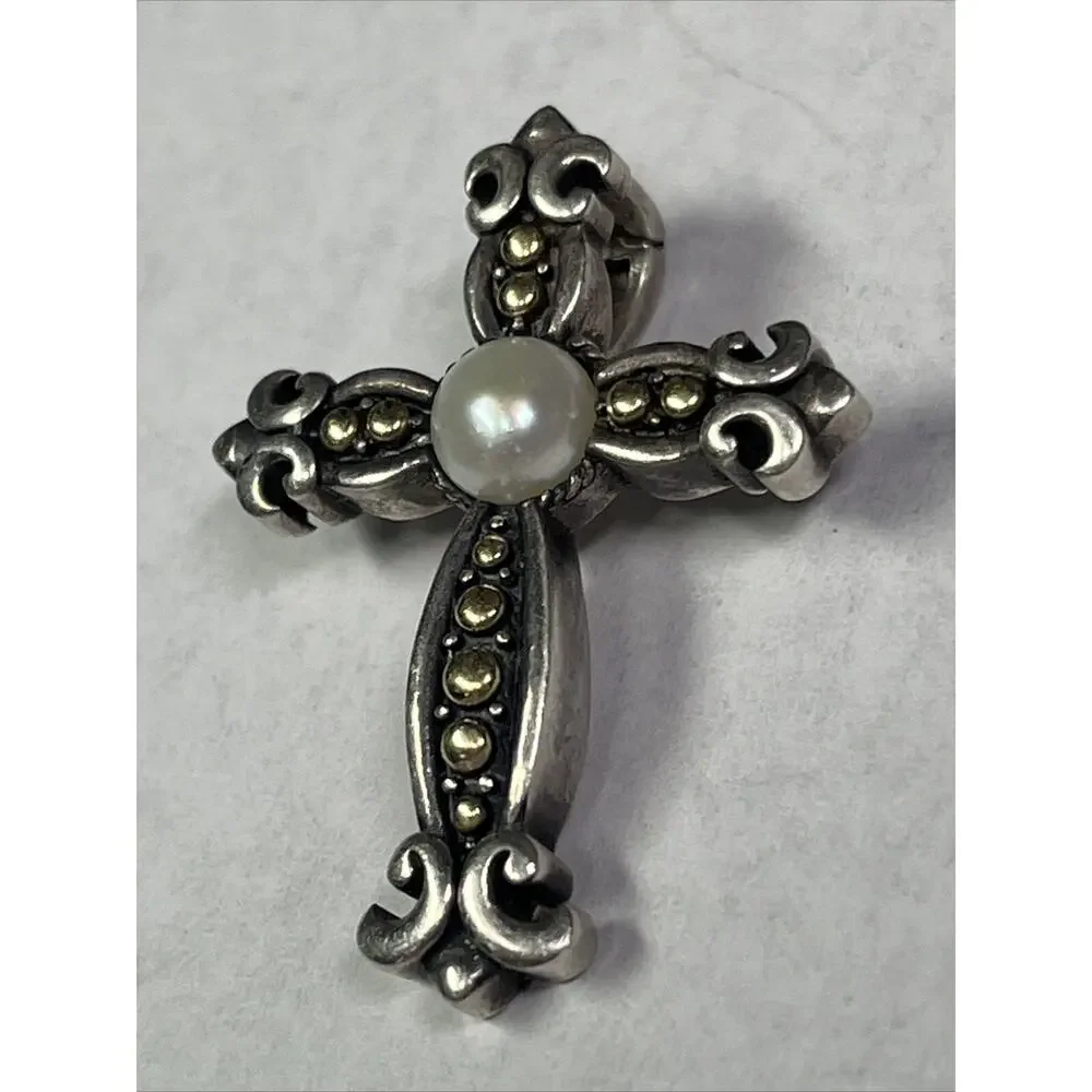 EFFY 18k And Sterling Silver Cross Crucifix Pendant Faux Pearl No Necklace RARE - Picture 3 of 12